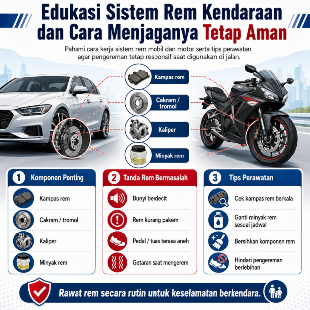 Pahami cara kerja sistem rem mobil dan motor serta tips perawatan agar pengereman tetap responsif saat digunakan di jalan.